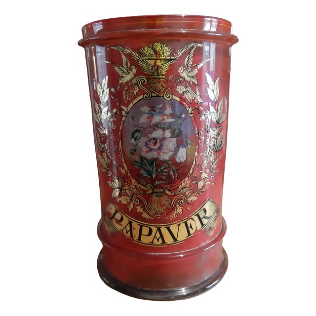 Red and Gold Screen-Printed Glass Pharmacy Jar, 1920 For Sale