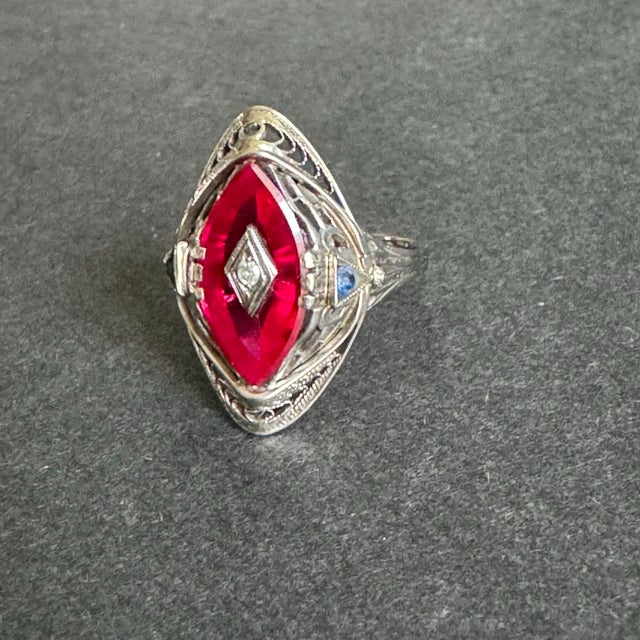 Art Deco Art Deco 14k White Gold Cocktail Ring Marquis Lab Ruby Filigree Setting Vintage Size 8 For Sale - Image 3 of 12