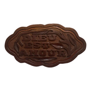1960s Style Carved Wood Religious Sign - God Is Love (French) - Wall Hanging Decor For Sale