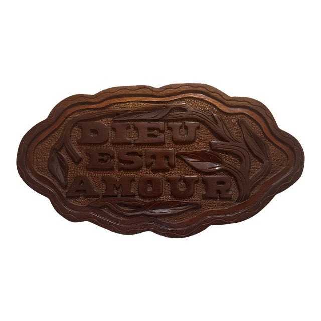 1960s Style Carved Wood Religious Sign - God Is Love (French) - Wall Hanging Decor For Sale
