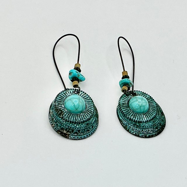 Metal 1990s Vintage Southwestern Mexican Boho Chic Faux Turquoise & Verdigris Metal Dangle Earrings - A Pair For Sale - Image 7 of 8