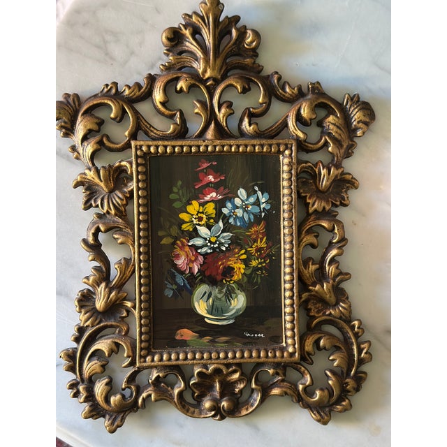 Vintage Rococo Style Miniature Still Life Paintings in Gilded Brass Frames – Pair For Sale - Image 4 of 13