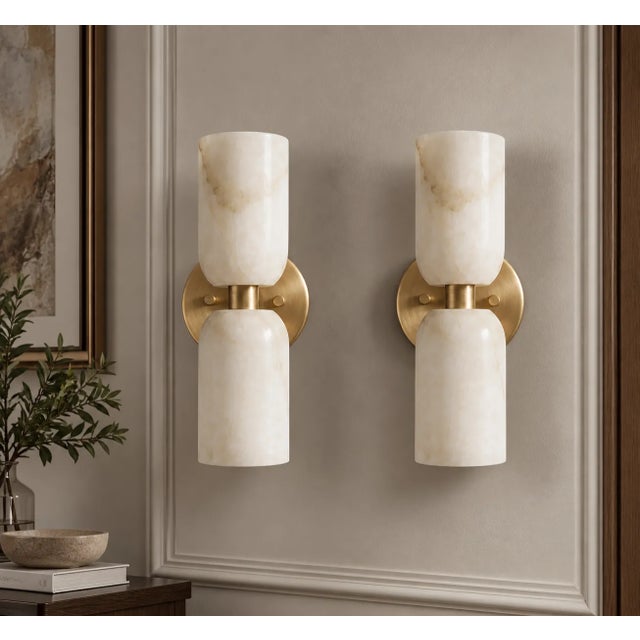 Contemporary Handcrafted Brass & Natural Alabaster Double Wall Sconces - Pair For Sale - Image 3 of 9