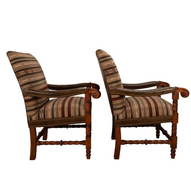 1990s Hancock & Moore Louis XIII French Style Barley Twist Throne Armchairs W/ Southwestern Wool Geometric Fabric For Sale - Image 10 of 17