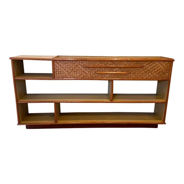 Vintage Rattan Shelf Display Unit With Built in Planter For Sale
