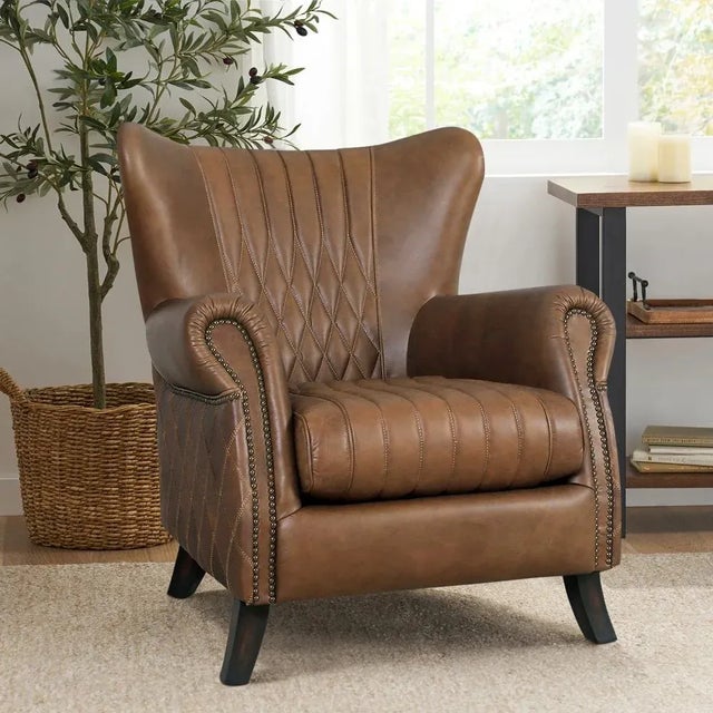 Pasargad Home Harrison Top Grain Leather Wing Chair, Brown For Sale - Image 9 of 10
