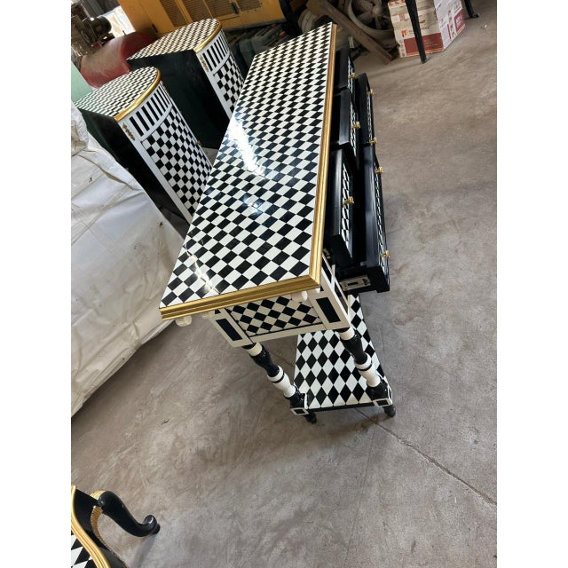 Handmade Louis XV Checkered Console Table: Black, White & Gold 5-Drawer Design For Sale - Image 4 of 4