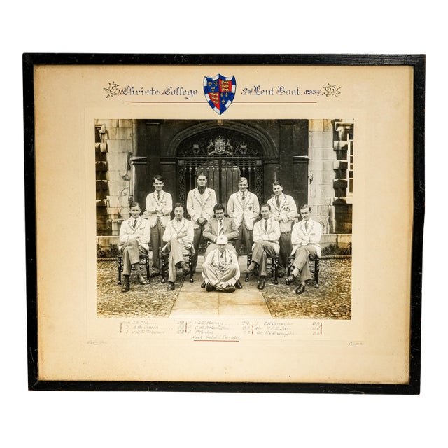 Fantastic Framed 1937 Christ’s College Cambridge Rowing Crew Photograph English Sporting Memorabilia University Preppy Home Decor For Sale