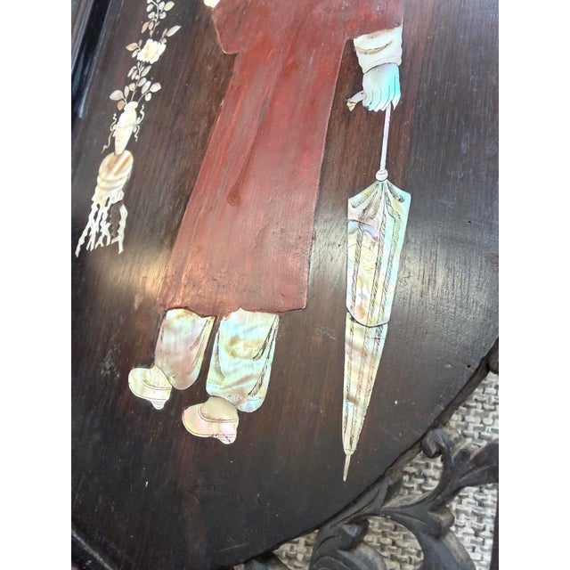 Vintage Vietnamese Mother of Pearl Inlaid Lacquer Wood Panel Openwork Fretwork Frame 18.25"x12.5" For Sale - Image 10 of 14