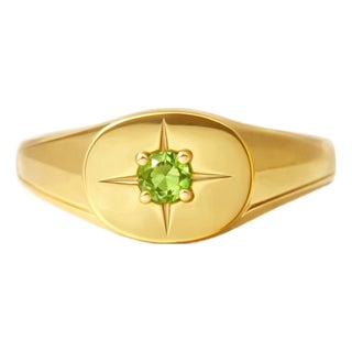 Peridot Starburst Engraved Signet Ring • Celestial Gemstone Statement Ring • August Birthstone Gift Us 7 For Sale