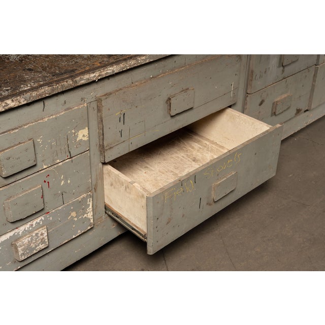 Early 20th Century Monumental Industrial Shop Workbench Cabinet With Labeled Drawers For Sale - Image 14 of 18
