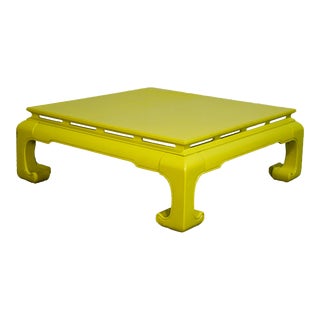 Mid-Century Square Ming Chinoiserie Coffee Table in Chartreuse - Newly Painted For Sale