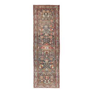 Antique Malayer Runner With Geometric Designs in Gray, Blue, Red, and Tan 3'6"x11'10"