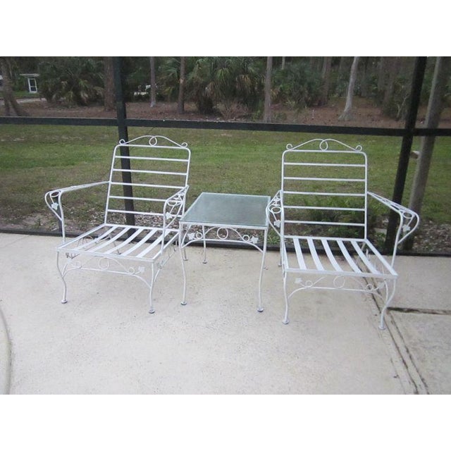 Vintage Russell Woodard Style Garden Patio Set White Chantilly Rose Two Wrought Iron Arm Chair