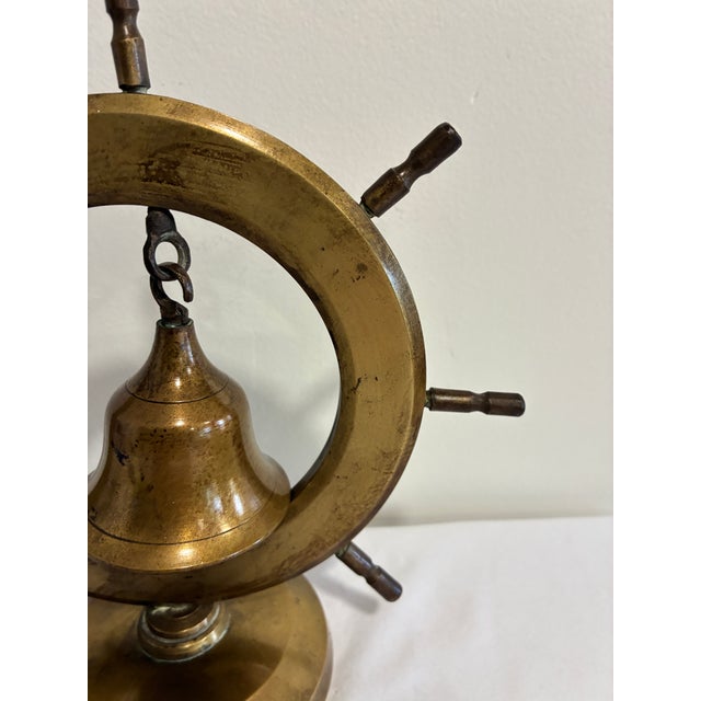 Mid-Century Modern Vintage Brass Ship Wheel Bell on Stand, Nautical Accent For Sale - Image 3 of 9