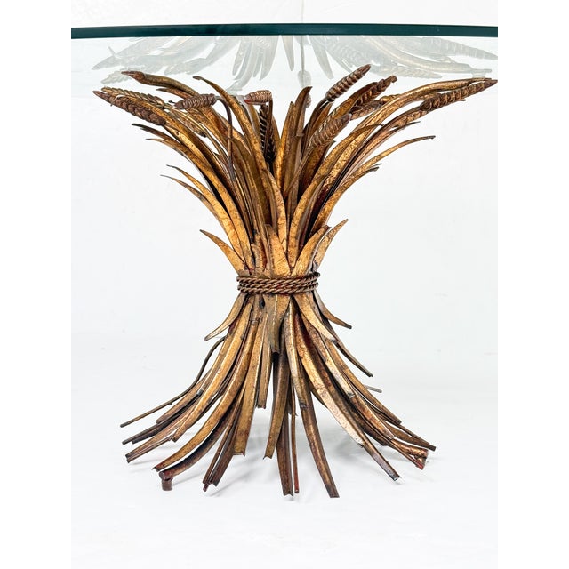 Metal Italian Wheat Sheaf Low Table of Gilt Metal With Round Top of Glass For Sale - Image 7 of 9