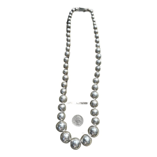 Vintage Taxco Mexico 26" Graduated Sterling Silver Bead Necklace, FSG Ts-54, 141g For Sale