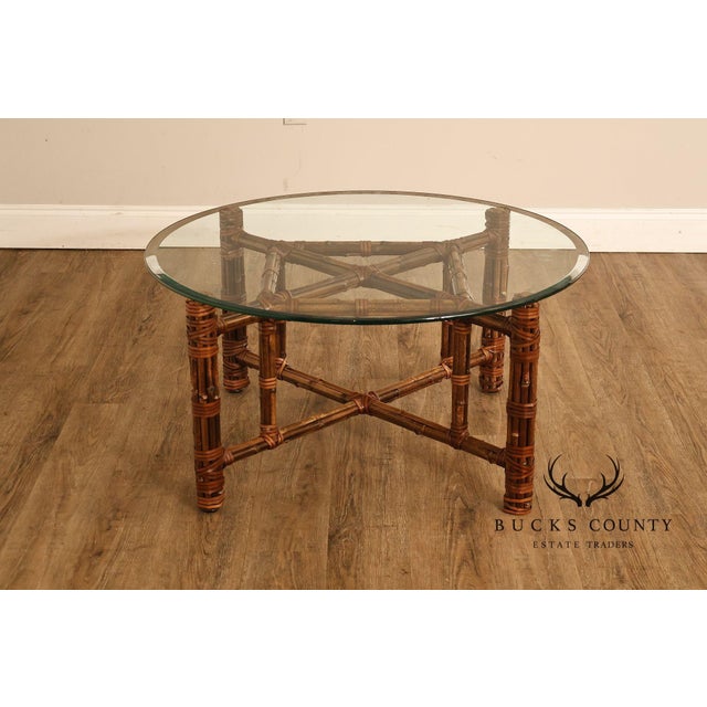 Late 20th Century McGuire Bamboo And Rattan Round Glass Top Coffee Table For Sale - Image 5 of 16