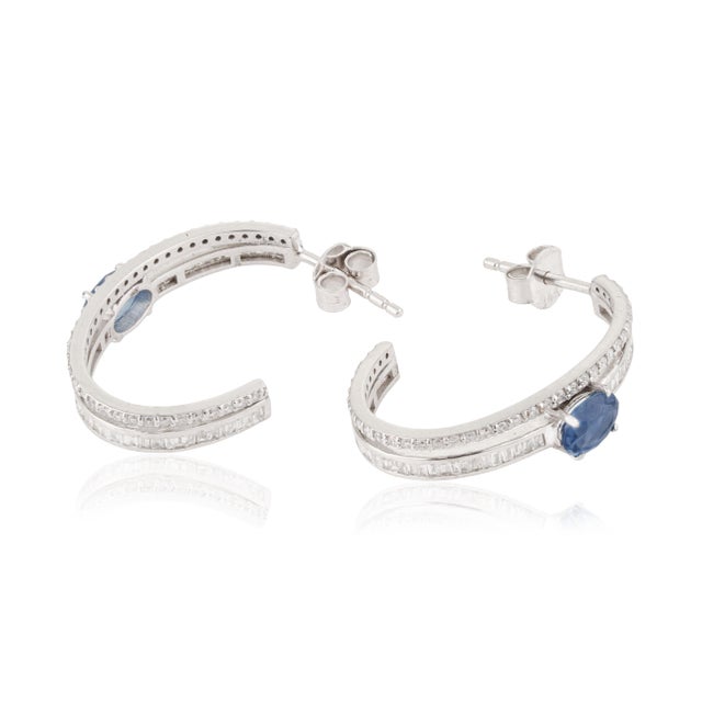 14k Gold 1.23ct Oval Cut Blue Sapphire & Diamond C- Hoop Earrings- A Pair For Sale - Image 9 of 14