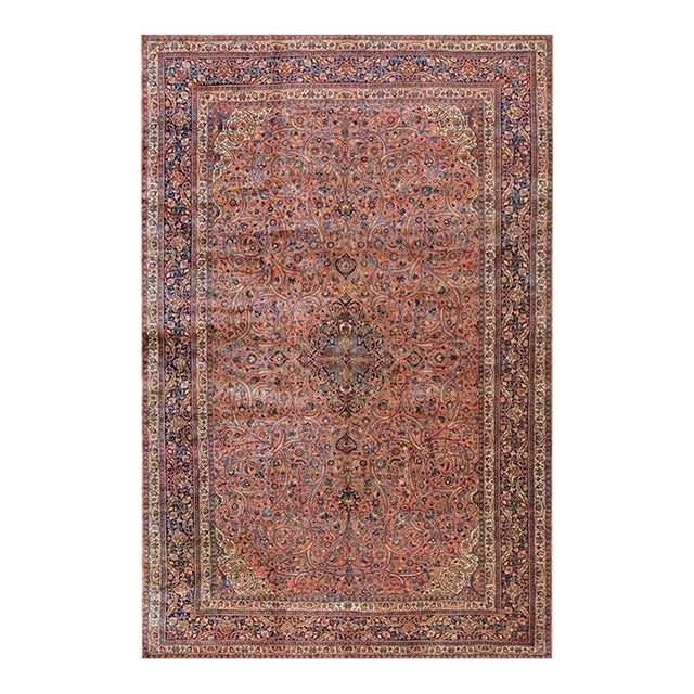 1900s Fine Traditional Antique Red Rust Floral Medallion Dabir Kashan Rug For Sale