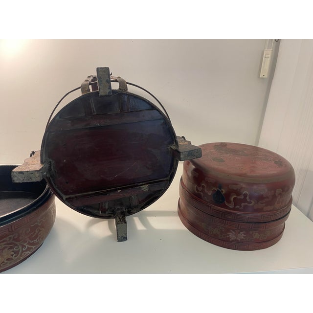 Antique Chinese Red Lacquer & Gold Gilt 2-Tier Footed Wedding Basket For Sale - Image 9 of 9