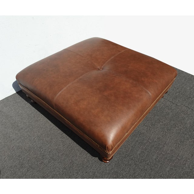 Modern Vintage Tommy Bahama Style Brown Tufted Leather Ottoman Coffee Table For Sale - Image 3 of 10