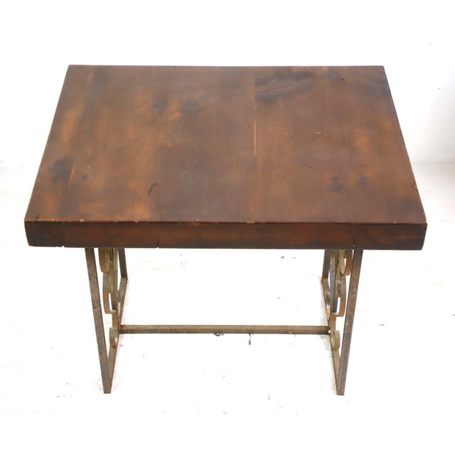 Traditional Reclaimed Pine Wood Antique Wrought Iron Side Table For Sale - Image 3 of 10