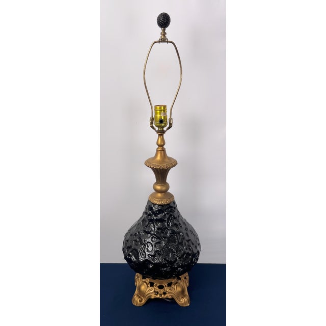 Mid 20th Century Mid 20th Century Hollywood Regency Black Textured Art Glass Gilt Metal Table Lamp For Sale - Image 5 of 10