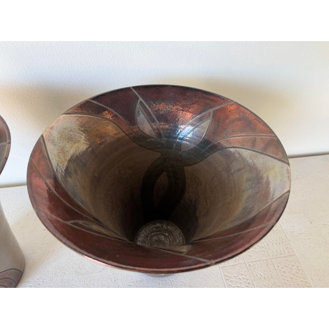 Mid-Century Modern Vintage Signed t.p. Raku Pottery Vases – A Pair For Sale - Image 3 of 11