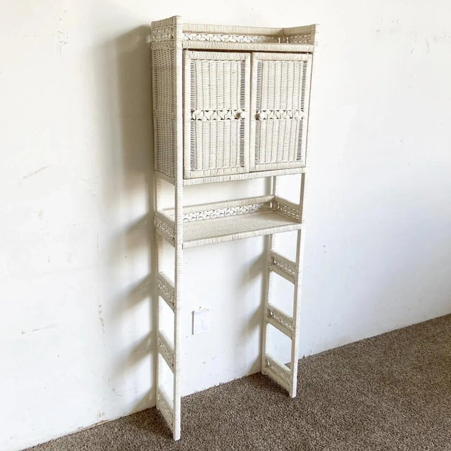 Boho Chic White Rattan and Wicker Bathroom Storage Etagere For Sale - Image 11 of 11