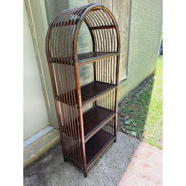Mid 20th Century Pair of Vintage Arched Bookcases Etageres in Dark Rattan For Sale - Image 5 of 12