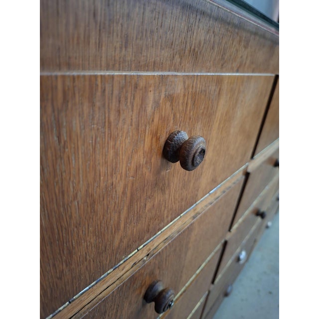 Vintage Wooden Haberdashery Display Counter with 20 Drawers and Glass Top For Sale - Image 15 of 16