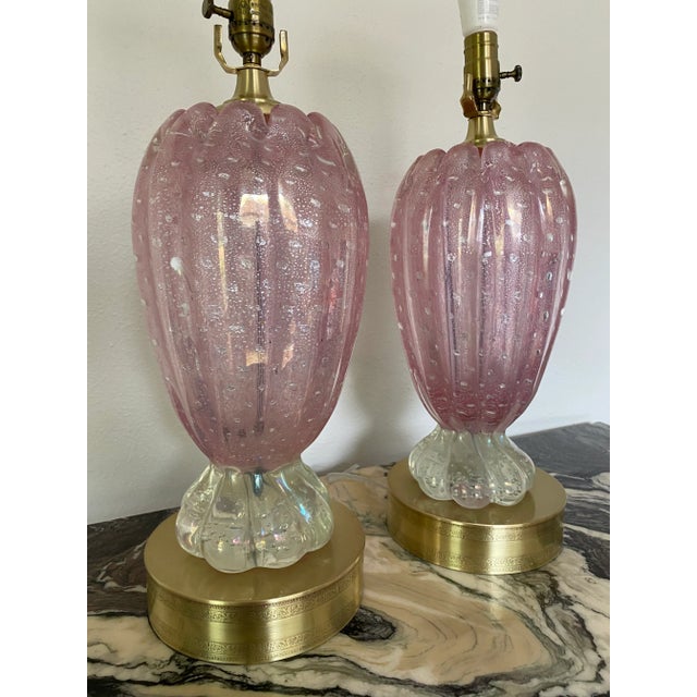 Vintage 1950s Venetian Glass Murano Ballerina Lamps in Pink With Brass Accents - a Pair For Sale - Image 11 of 13