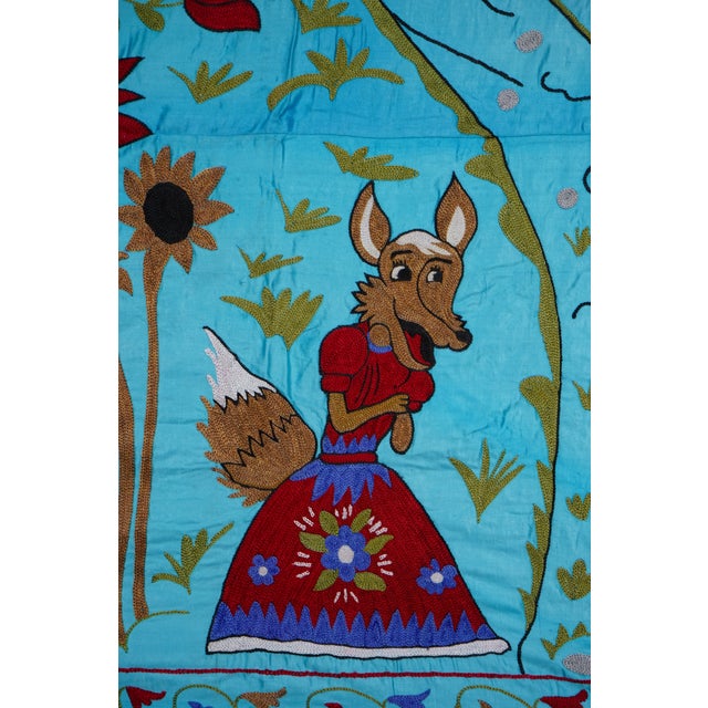 Blue Uzbek Suzani Wall Hanging – Folk Animal Scene Embroidered Textile Art 3'4'' X 6'2'' For Sale - Image 11 of 14