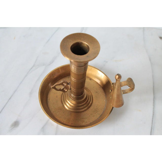 Farmhouse Vintage Brass Chamberstick Candle Holders W/ Snuffers - A Pair For Sale - Image 3 of 9