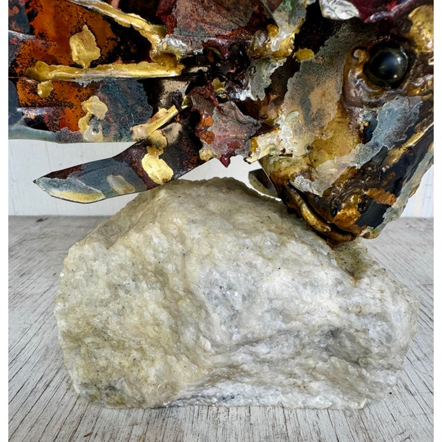 Vintage Modern Enamel on Copper Mounted on Quartz Base Tropical Lion Fish Sculpture For Sale - Image 11 of 11