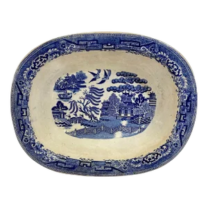 Antique Oval Blue Willow Deep Serving Bowl From England - Circa 19th Century