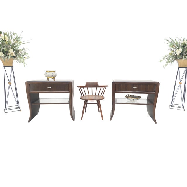 Pair Century Walnut Waterfall Brand New Old Stock Two Tier Night Tables Stands For Sale - Image 11 of 14
