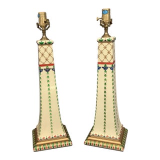 Pair Chelsea House Hand Painted Wood Lamps Cream Green Red Gold Heavy For Sale
