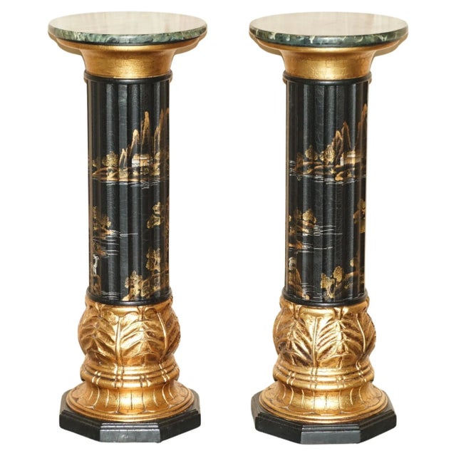 Chinese Neoclassical Style Chinoiserie Lacquered Torcheres Columns, 1920s, Set of 2 For Sale - Image 11 of 11