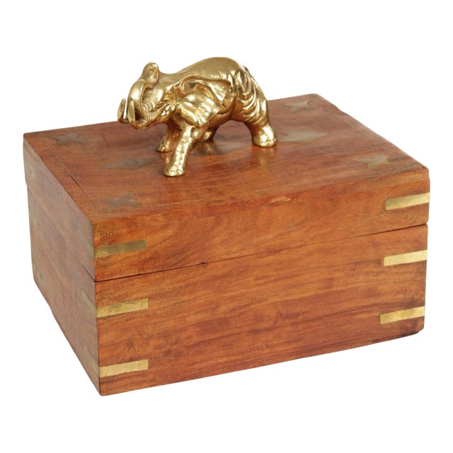 Campaign Style Teak and Brass Elephant Cigar or Jewelry Box For Sale