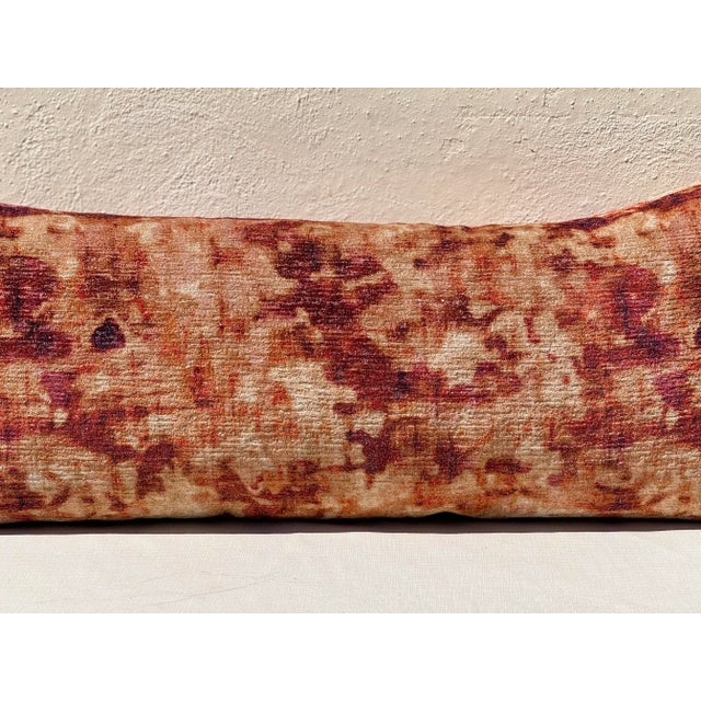 Mid-Century Modern Bespoke Accent Pillow: Sumptuous Orange/Terracotta “Tie- Dyed” Slub Boucle Velvet Xlong Pillow W/Silk Triple Ply Moss Fringe/ 50/50 Down All New For Sale - Image 3 of 12