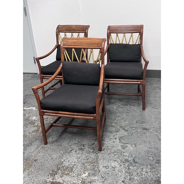McGuire Style Bamboo + Rattan Armchairs, Set of Three For Sale In San Francisco - Image 6 of 12