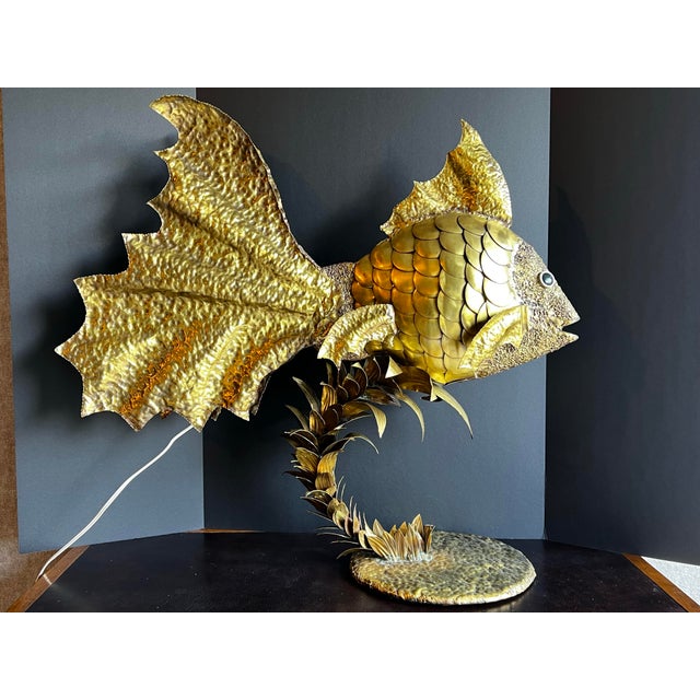 Brutalist Large Vintage C1970s Brutalist Illuminated Brass Gold Fish Sculpture Attributed to Henri Fernandez For Sale - Image 3 of 12