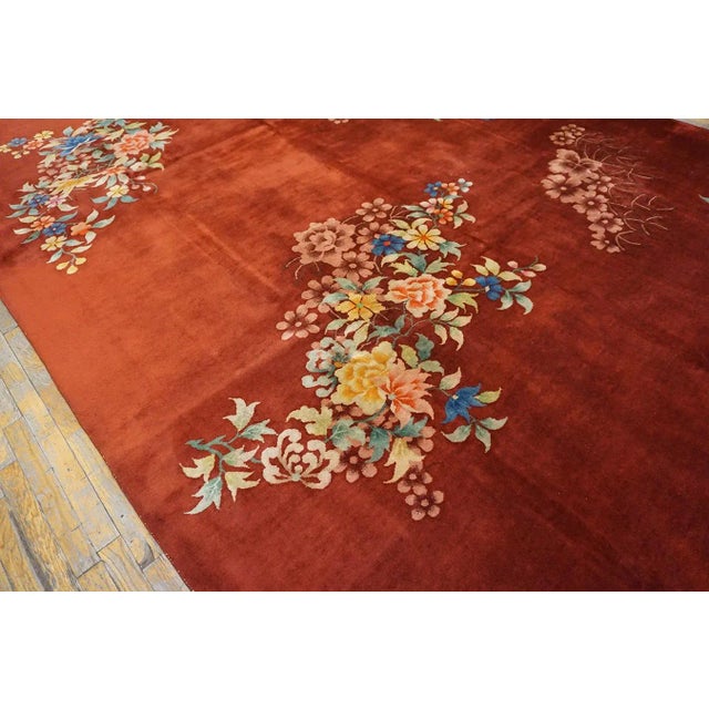 1930s Red Modernist Flowers Antique Chinese Art Deco Carpet 8'10'' X 11'4'' Knotted Wool Rug For Sale - Image 9 of 12