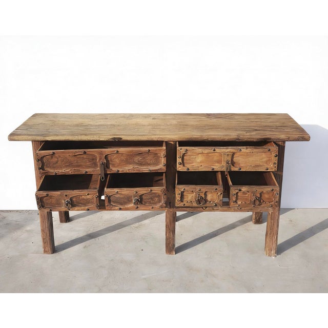 Antique Chinese Natural Wood Sideboard With Iron Hardware For Sale - Image 4 of 12