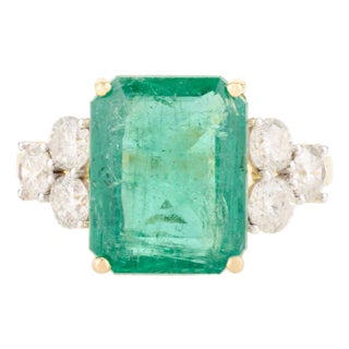 18k Gold Octagon Cut Emerald Cocktail Ring With Real Diamonds Size 6.5 For Sale