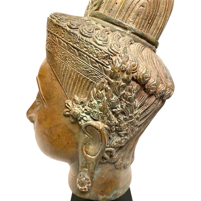 Thai Bronze Buddha Head Statue Vintage Ayutthaya Style Bust Sculpture Decor For Sale - Image 14 of 18