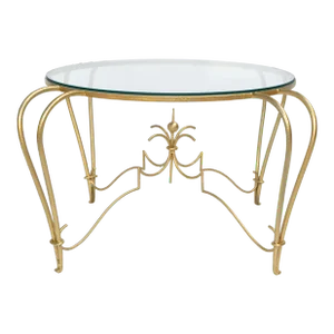 Art Deco Gold Finish Round Wrought Iron & Glass Top Cocktail Table France 1950