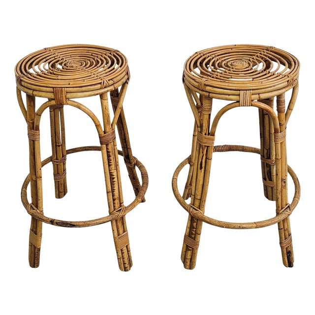 Set of Mid-Century Modern Circular Bamboo Bar Stools, Italy, 1960s For Sale